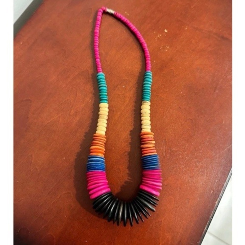 Boho‎ Tribal Beaded Necklace Statement  Wood Beads Pink Blue Teal Orange Black